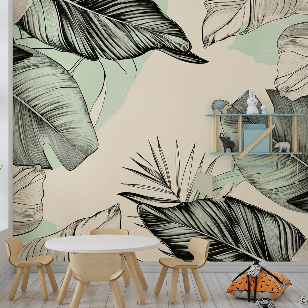 Botanical mural wallpaper with tropical foliage in modern kids bedroom setting