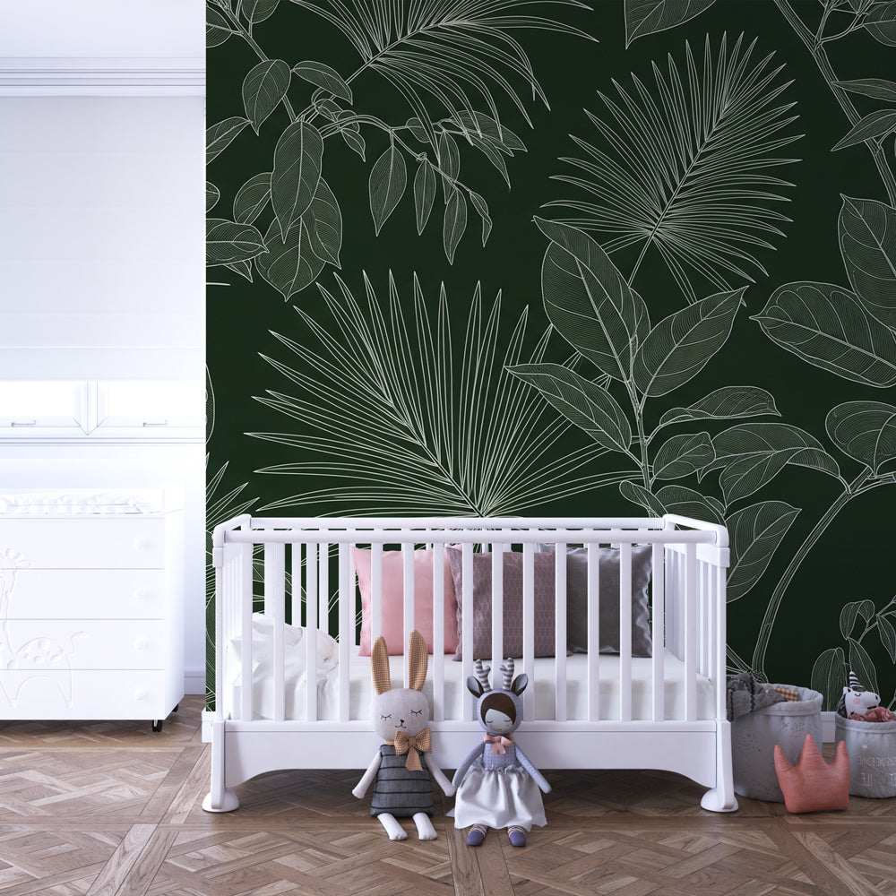 Green tropical leaf wallpaper transforming modern kids bedroom into botanical sanctuary