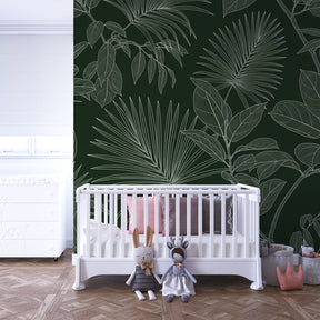Green tropical leaf wallpaper transforming modern kids bedroom into botanical sanctuary
