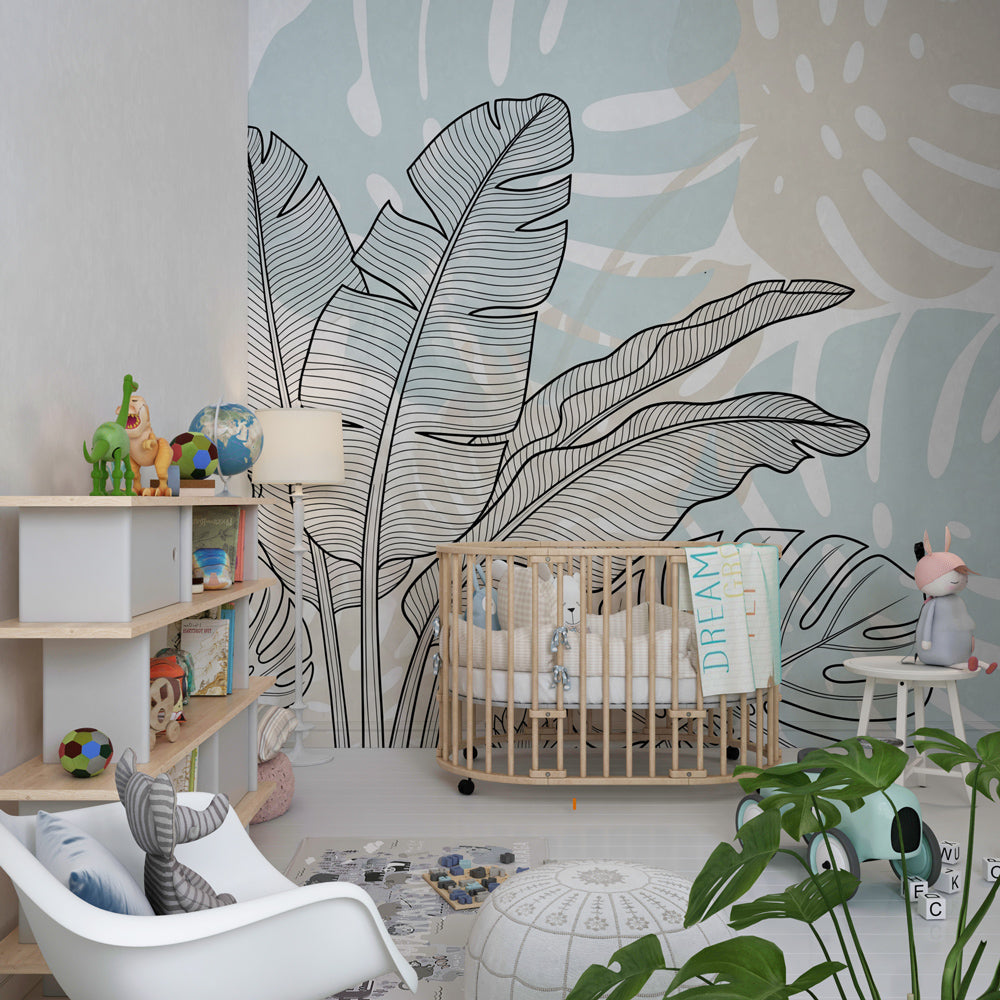 Botanical leaf pattern wallpaper creating calming kids bedroom atmosphere with natural decor
