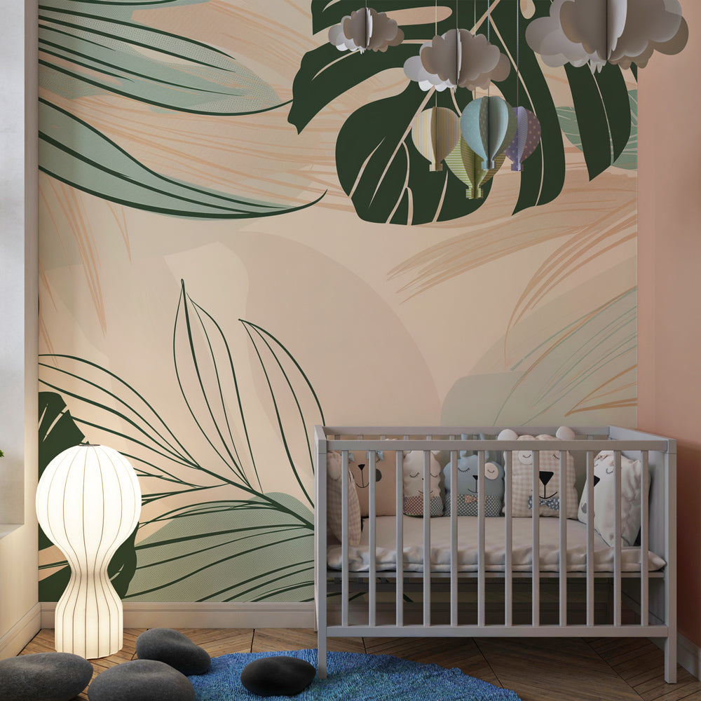 Green and beige botanical wallpaper creating peaceful children's bedroom atmosphere