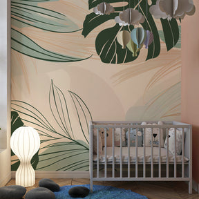 Green and beige botanical wallpaper creating peaceful children's bedroom atmosphere