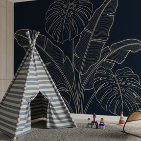 Modern tropical foliage wallpaper in stylish kids bedroom with botanical leaf illustrations by Kids-Mundo