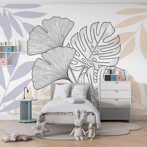 Monstera and ginkgo leaf wallpaper creating serene atmosphere in children's bedroom