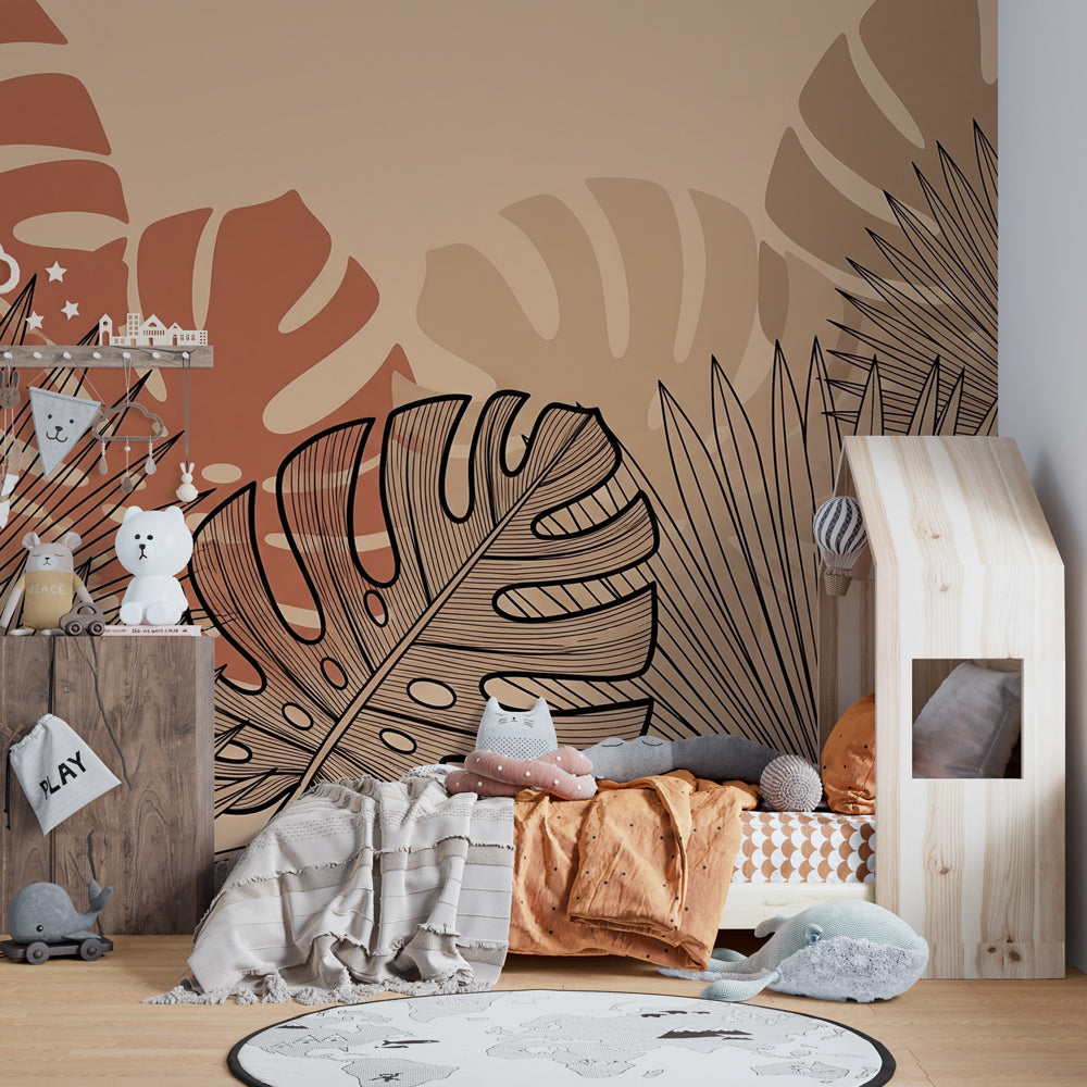 Modern tropical wallpaper with monstera leaves creating botanical kids bedroom atmosphere