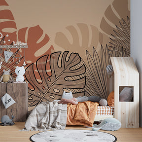 Modern tropical wallpaper with monstera leaves creating botanical kids bedroom atmosphere
