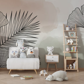 Elegant line art tropical wallpaper in modern children's bedroom setting with natural furniture