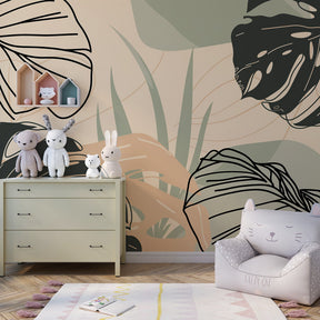 Stylized tropical leaves wallpaper transforming modern kids bedroom with calming nature motifs