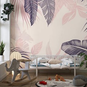 Delicate botanical mural wallpaper creating serene atmosphere in children's bedroom