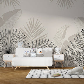 Elegant tropical leaf wallpaper in modern children's bedroom with natural wood furniture