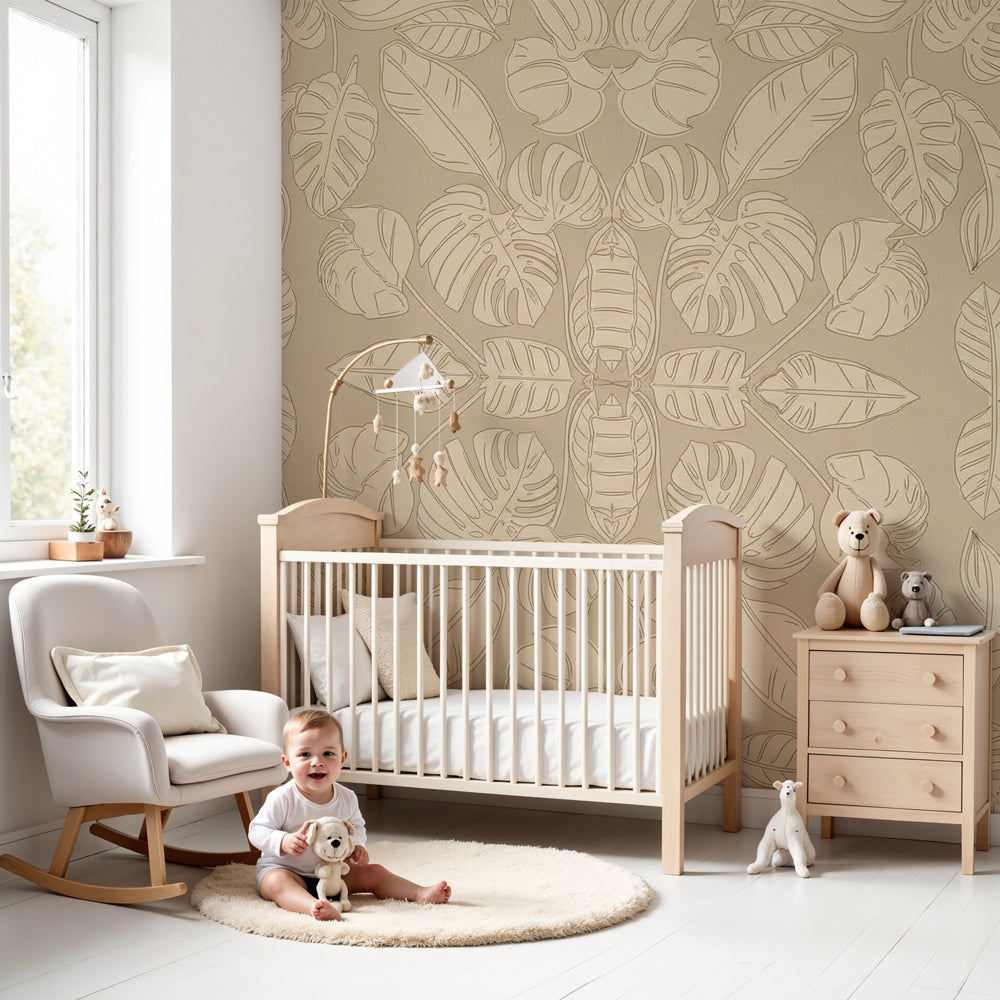 Tropical leaves mural wallpaper in beige creating serene nursery decor by Kids-Mundo