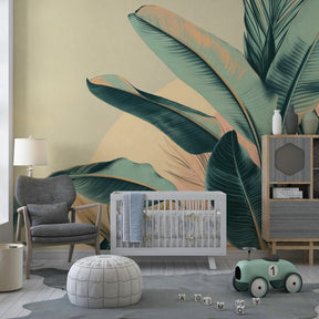 Botanical mural wallpaper with tropical leaves paired with natural wood furniture