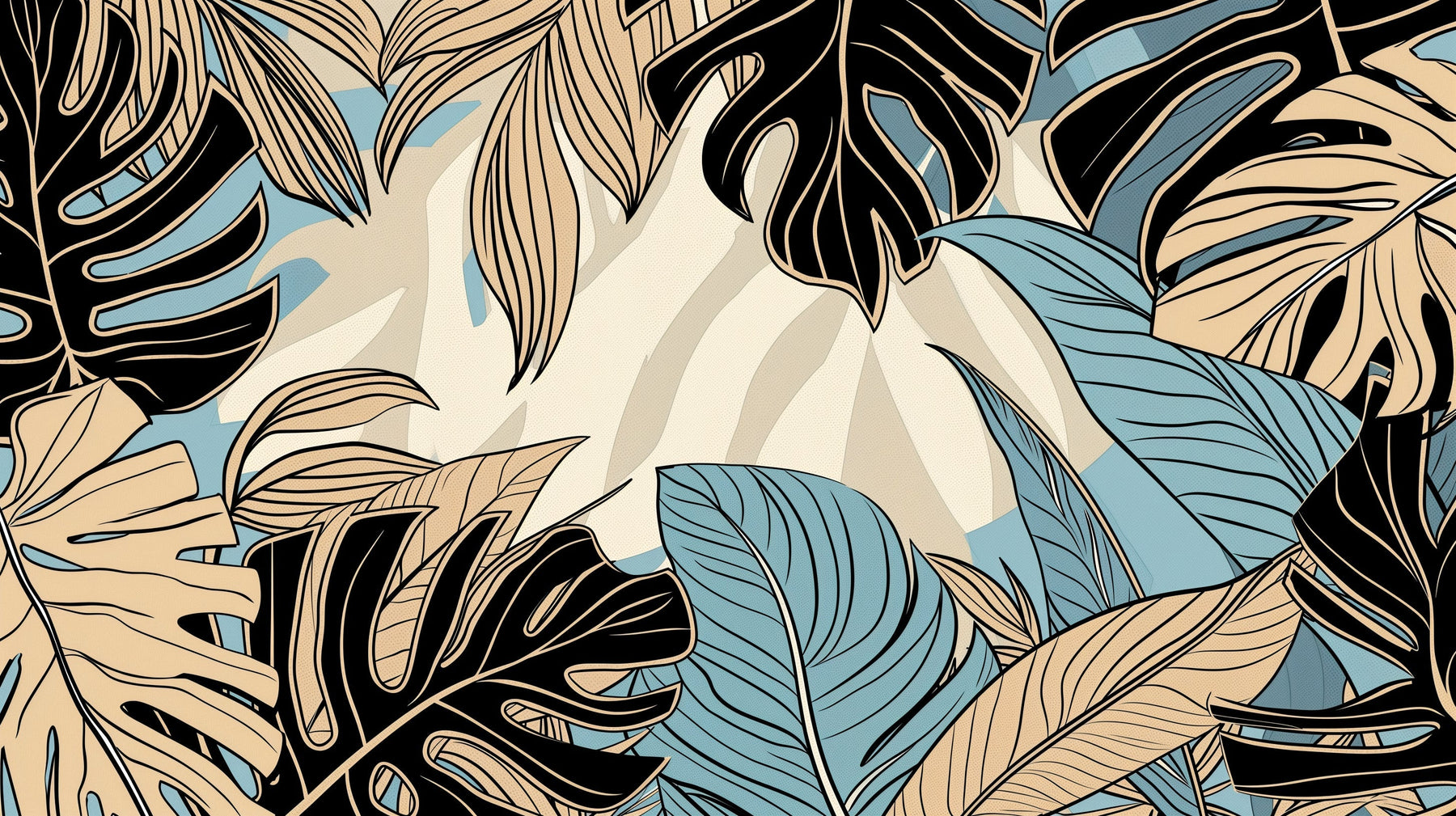 Detailed tropical leaves wallpaper design pattern in blue and beige tones by Kids-Mundo