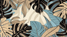 Detailed tropical leaves wallpaper design pattern in blue and beige tones by Kids-Mundo