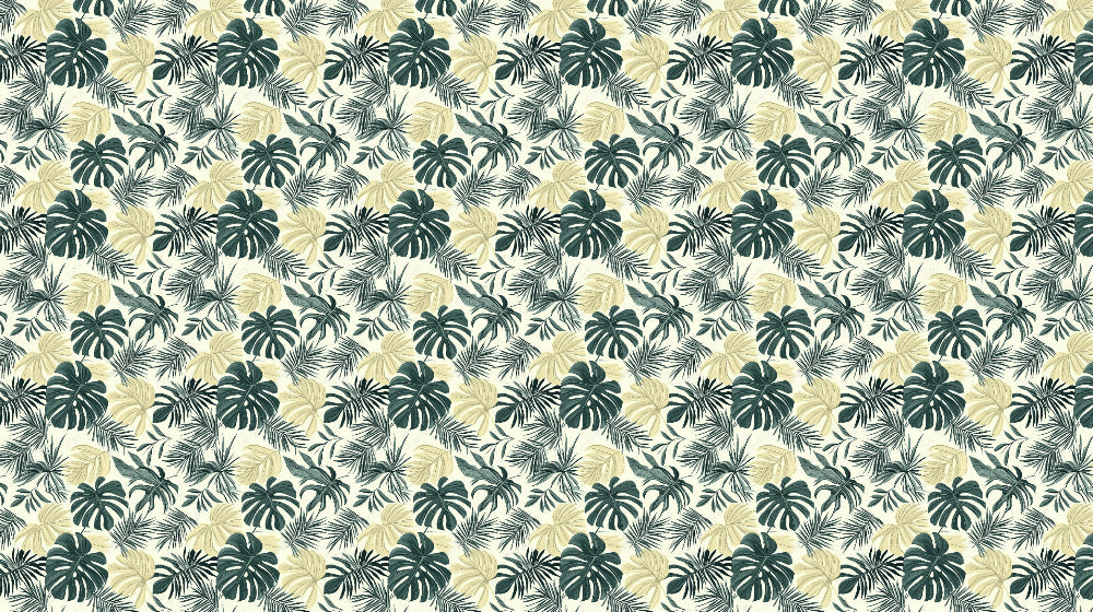 Detailed tropical leaves mural wallpaper design pattern with green and yellow botanical motifs by Kids-Mundo