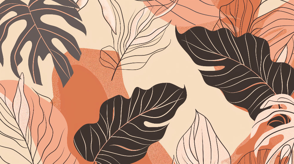 Detailed tropical leaves mural wallpaper design pattern in terracotta and black by Kids-Mundo