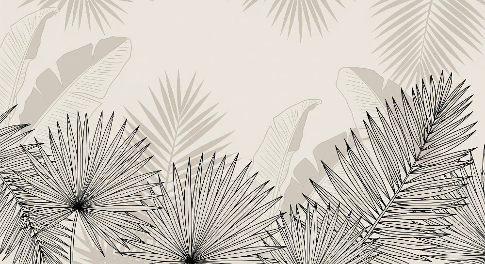 Detailed tropical leaves mural wallpaper design pattern with black outlines by Kids-Mundo