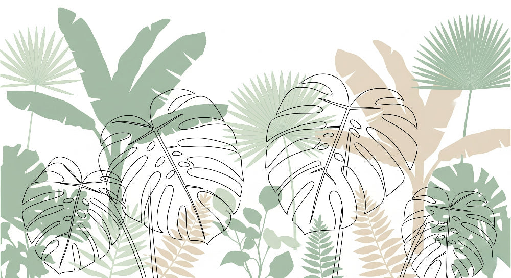 Detailed tropical leaves mural wallpaper design pattern showing green botanical and geometric elements
