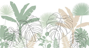 Detailed tropical leaves mural wallpaper design pattern showing green botanical and geometric elements