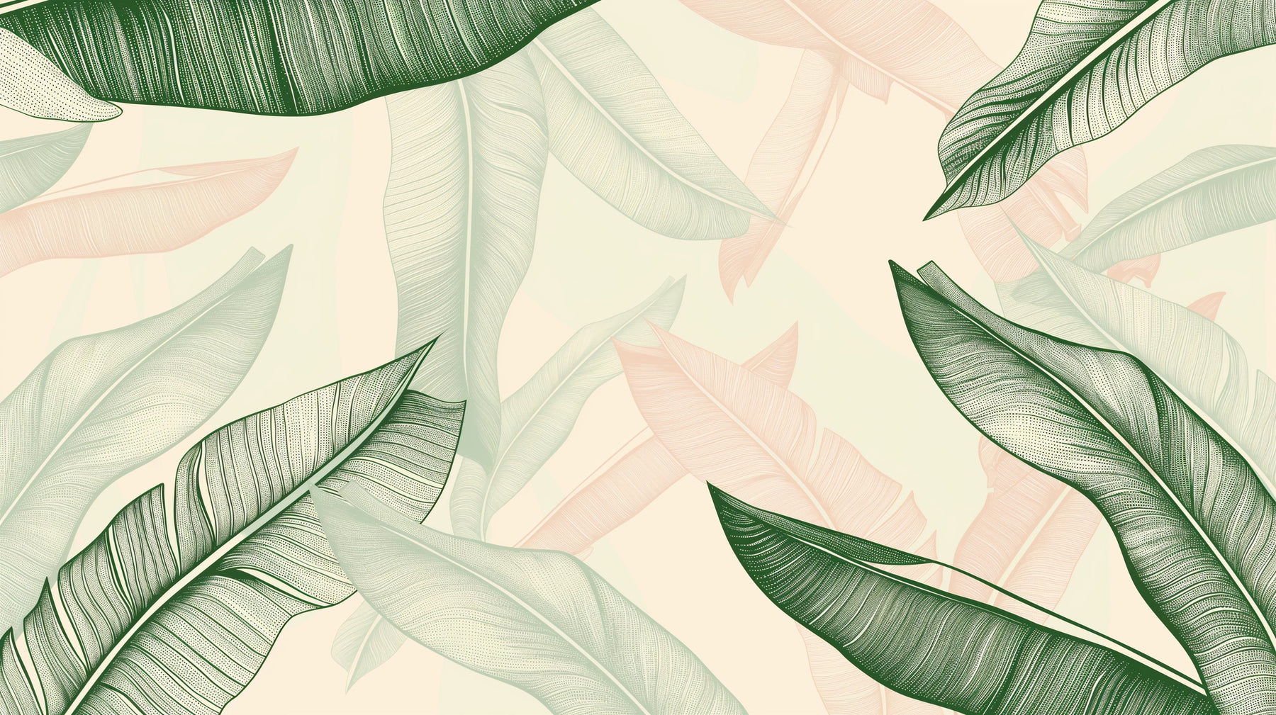 Detailed tropical leaves mural wallpaper design pattern in soft green and pink by Kids-Mundo