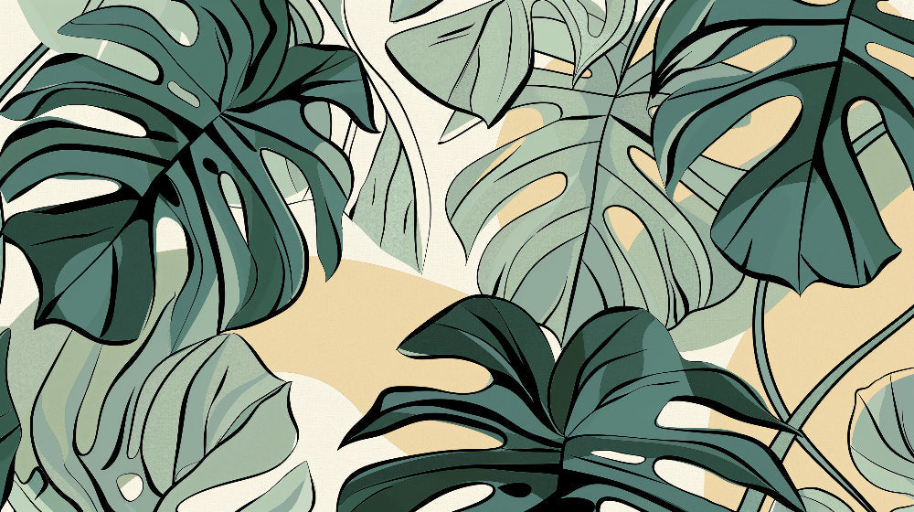 Detailed tropical monstera leaves mural wallpaper design pattern by Kids-Mundo