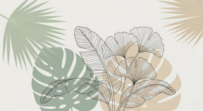 Detailed tropical leaves mural wallpaper design pattern in minimalist sage green and beige by Kids-Mundo