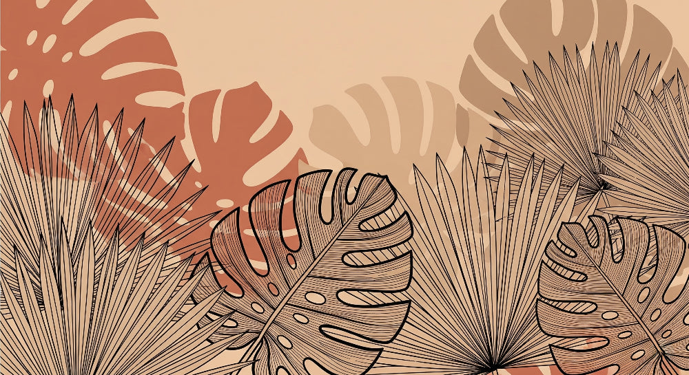 Detailed tropical leaves mural wallpaper design pattern with monstera and palm motifs by Kids-Mundo