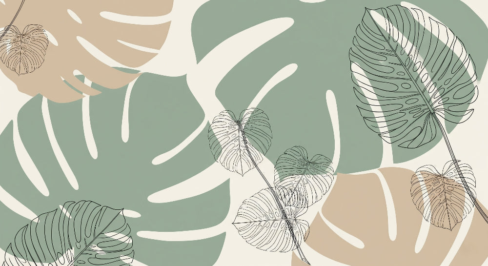 Detailed tropical leaves wallpaper design pattern in sage green and beige by Kids-Mundo