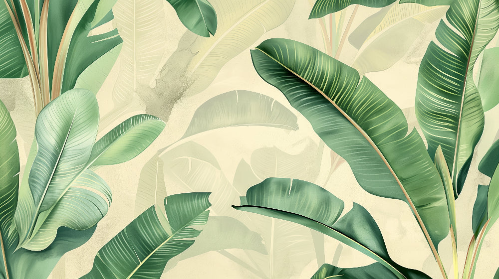 Detailed tropical leaves mural wallpaper design pattern showing lush green foliage by Kids-Mundo