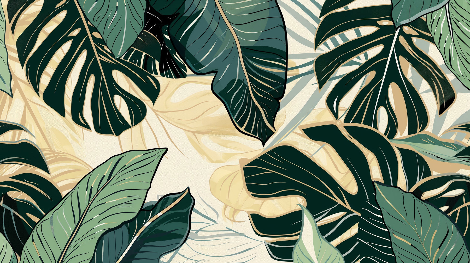 Detailed tropical leaves mural wallpaper design pattern with lush green foliage by Kids-Mundo