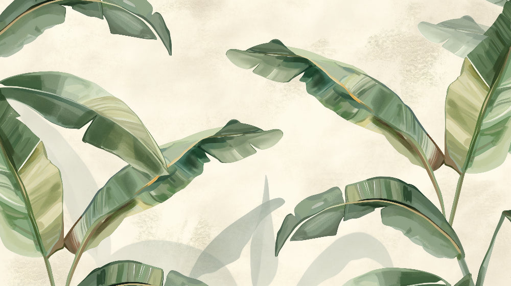 Detailed tropical leaves mural wallpaper design pattern showing soft green botanical elements by Kids-Mundo