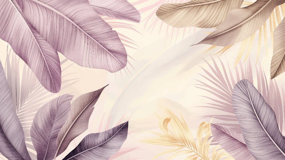 Detailed tropical leaves mural wallpaper design pattern in soft purple and beige tones by Kids-Mundo