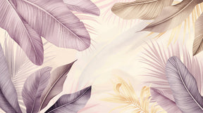 Detailed tropical leaves mural wallpaper design pattern in soft purple and beige tones by Kids-Mundo