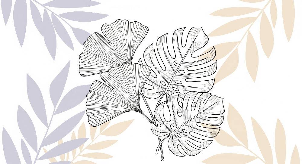 Detailed tropical leaves mural wallpaper design pattern with monstera and ginkgo motifs by Kids-Mundo
