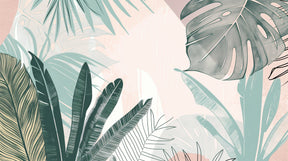 Detailed tropical leaves mural wallpaper design pattern in pastel green and pink by Kids-Mundo