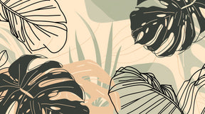 Detailed tropical leaves mural wallpaper design pattern showing stylized botanical motifs by Kids-Mundo