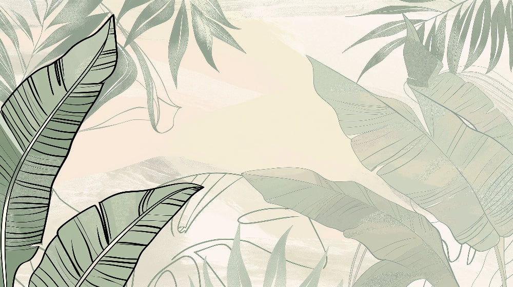 Detailed tropical leaves mural wallpaper design pattern in soft green and beige by Kids-Mundo