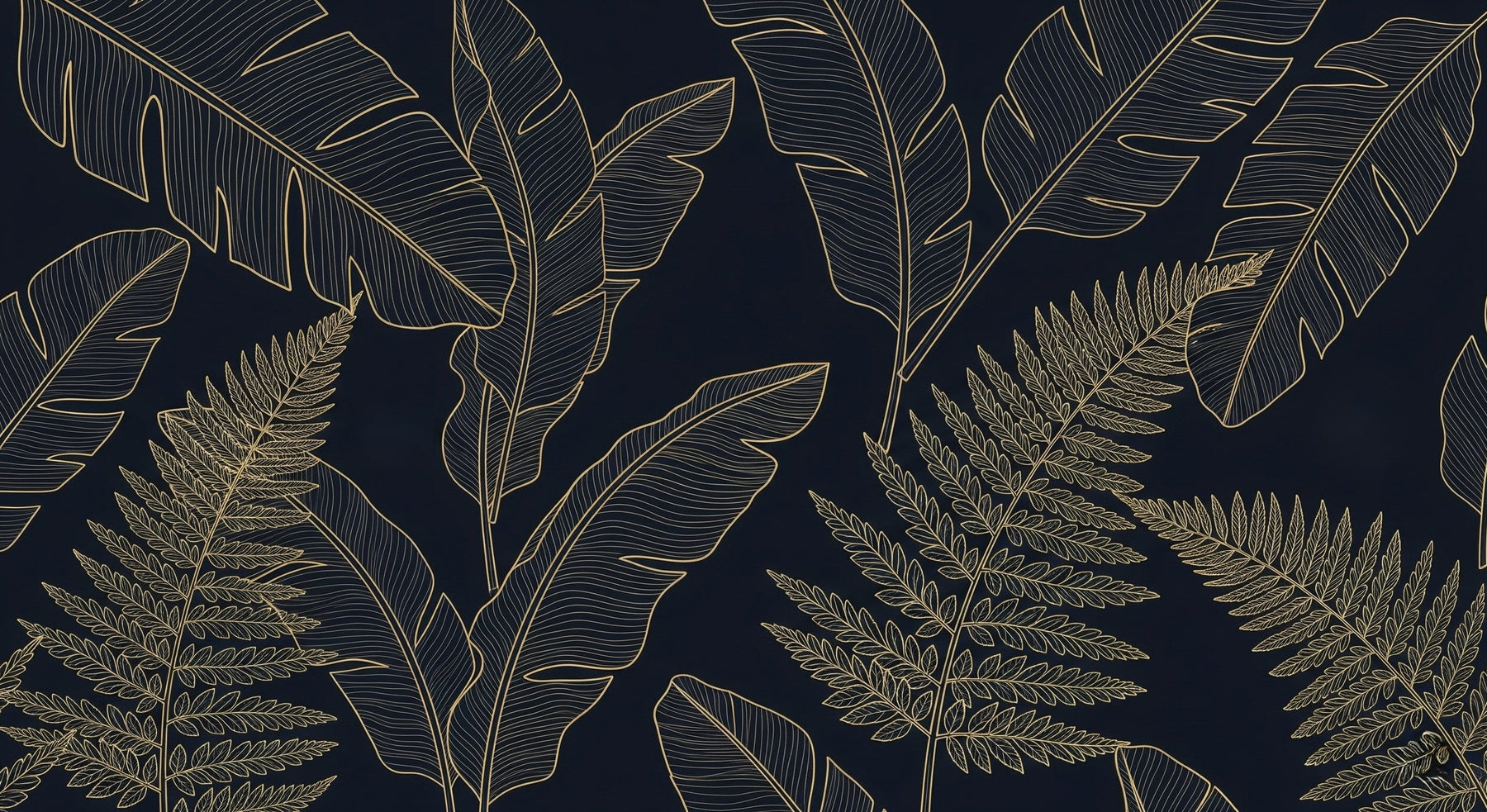 Detailed tropical leaves mural wallpaper design pattern with golden foliage on dark background by Kids-Mundo