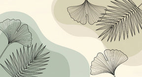 Detailed tropical leaves mural wallpaper design pattern in sage green and khaki by Kids-Mundo