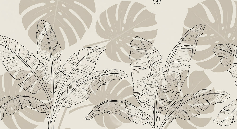 Detailed tropical leaves mural wallpaper design pattern showing monstera and banana leaf motifs by Kids-Mundo