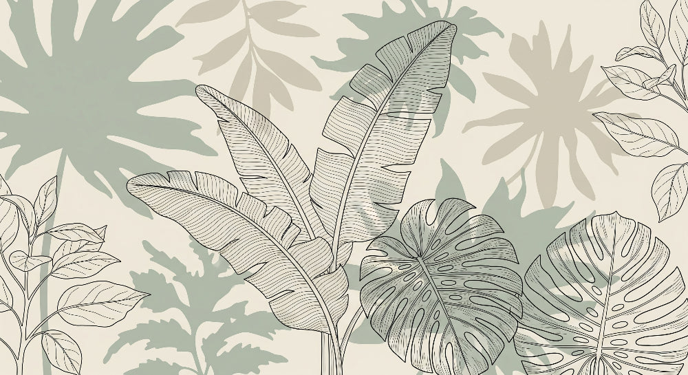 Detailed tropical leaves mural wallpaper design pattern showing green and black botanical elements by Kids-Mundo