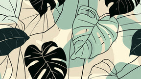 Detailed tropical leaves mural wallpaper design pattern in mint green and beige by Kids-Mundo