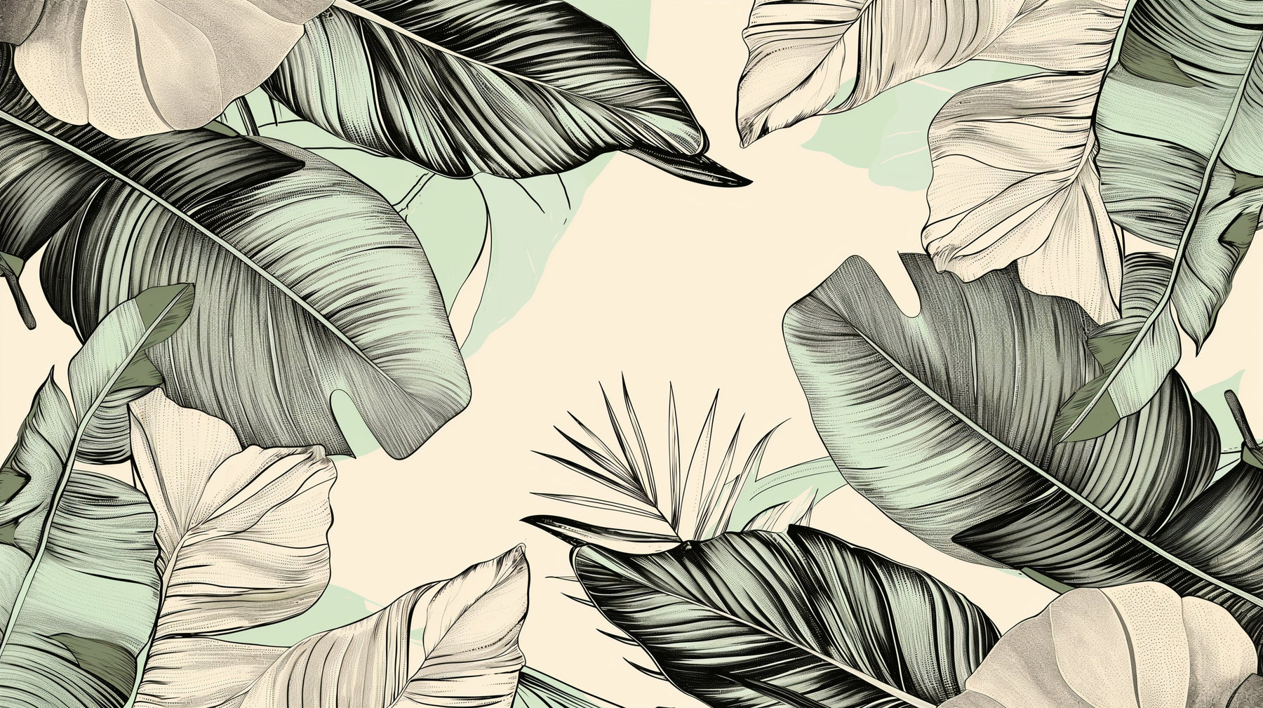 Detailed tropical leaves mural wallpaper design pattern in mint green and beige by Kids-Mundo