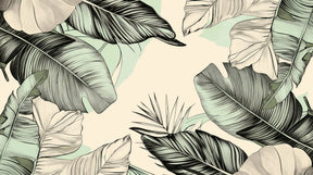 Detailed tropical leaves mural wallpaper design pattern in mint green and beige by Kids-Mundo