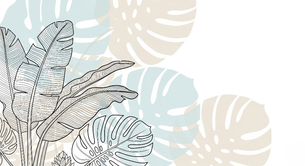 Detailed tropical leaves mural wallpaper design pattern showing soft green outline style by Kids-Mundo