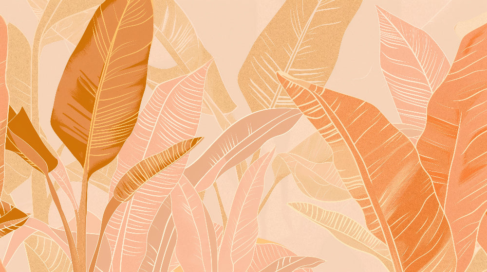 Detailed tropical leaves mural wallpaper design pattern with soft pink orange botanical motifs by Kids-Mundo