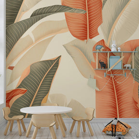 Botanical tropical wallpaper with natural wood furniture in modern kids bedroom setting