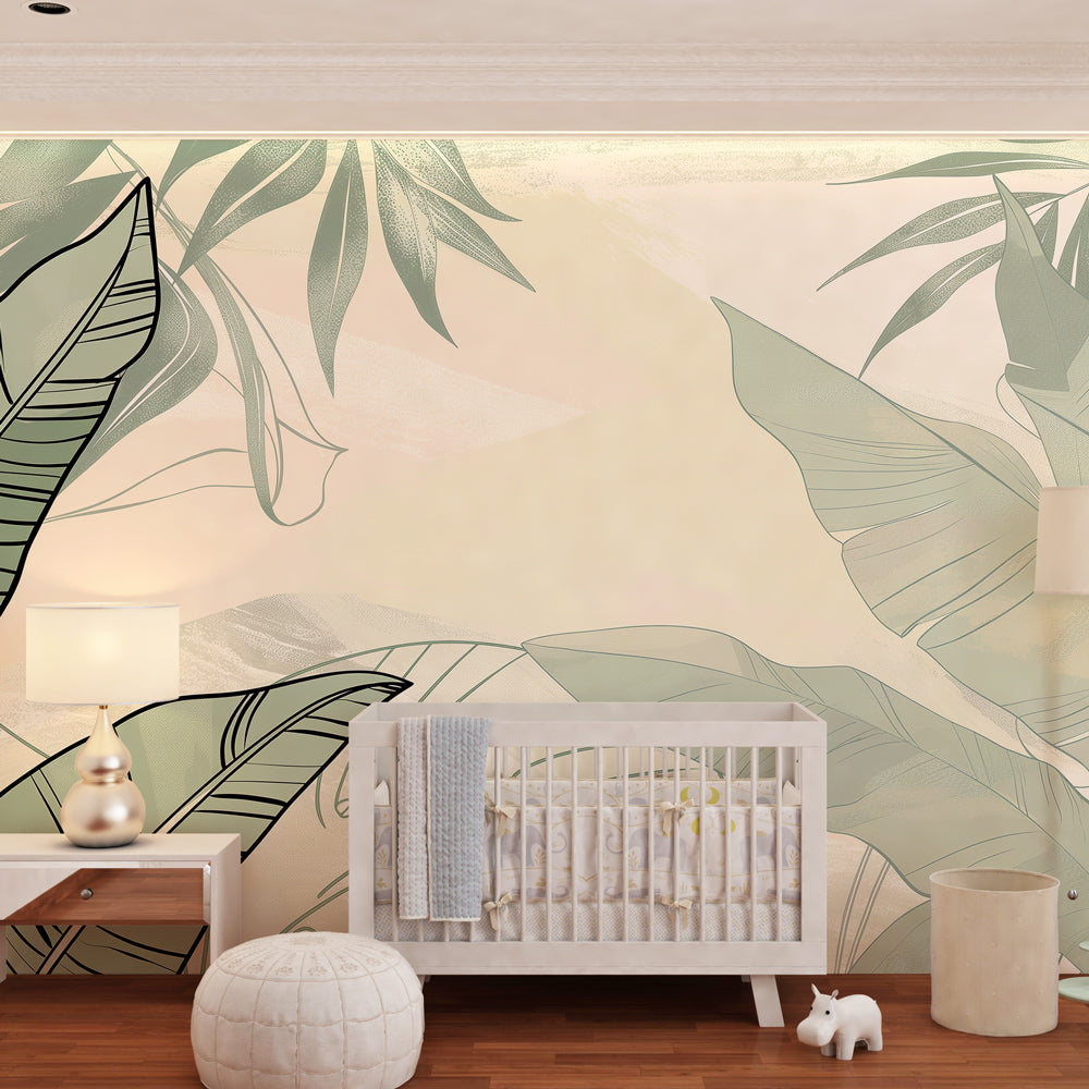 Soft beige and green tropical leaf wallpaper transforming kids room into peaceful retreat