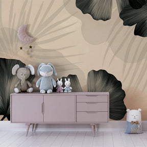 Soothing tropical leaves wallpaper transforming modern nursery with calming botanical design