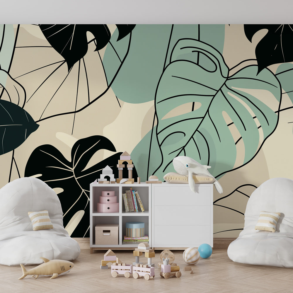 Modern tropical leaves wallpaper decorating contemporary children's bedroom with natural wood furniture